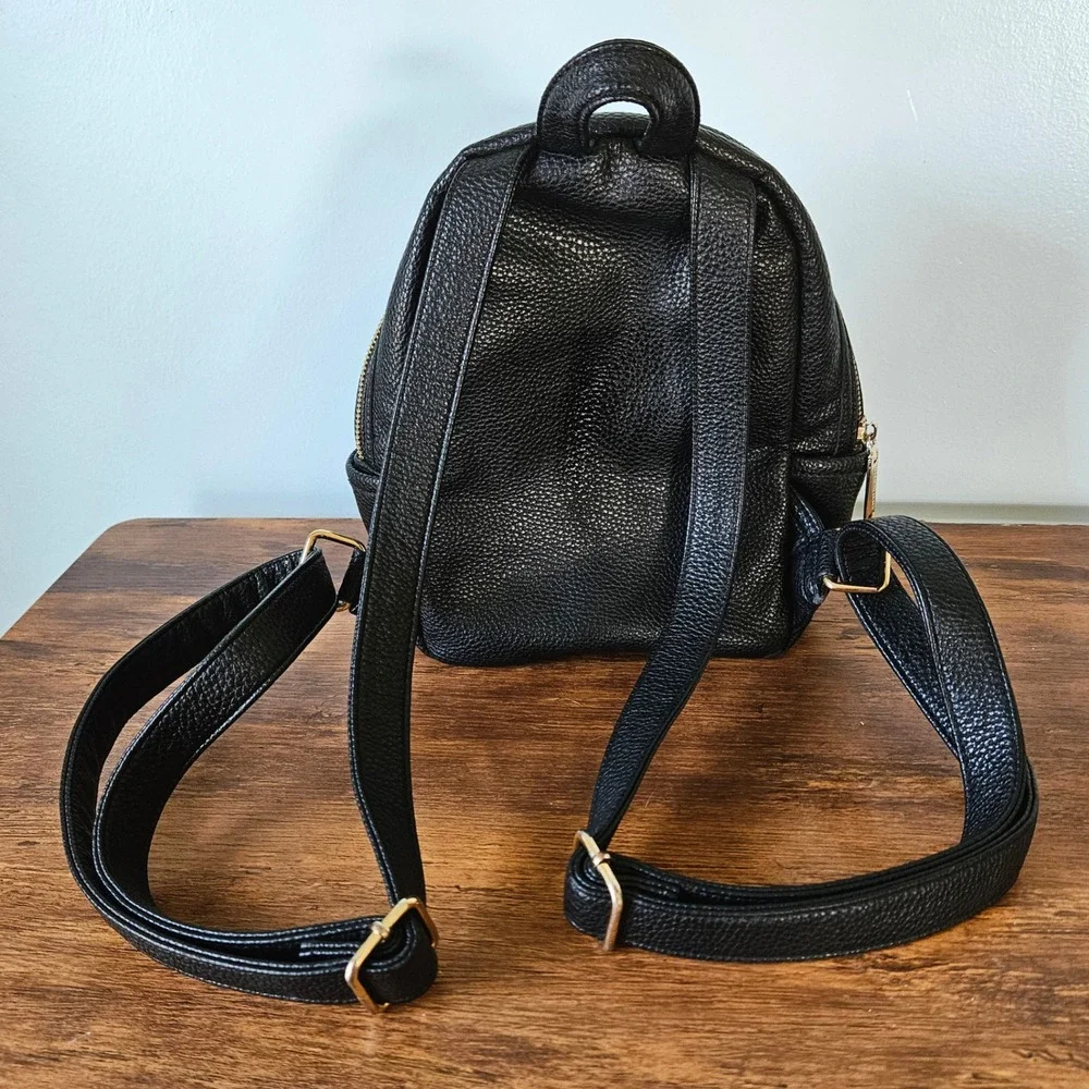 Steve Madden Black Pebbled Leather Mini Backpack Gold Hardware Front Pocket